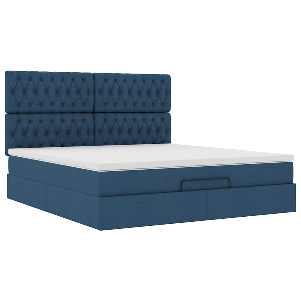 Cadre de lit ottoman avec matelas bleu 160x200 cm tissu