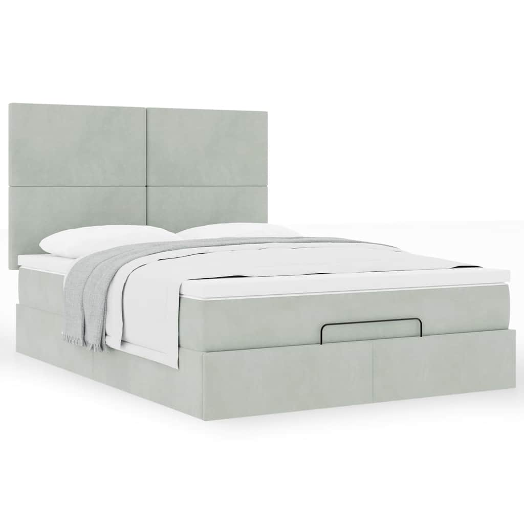 Cadre de lit ottoman et matelas gris clair 140x190 velours