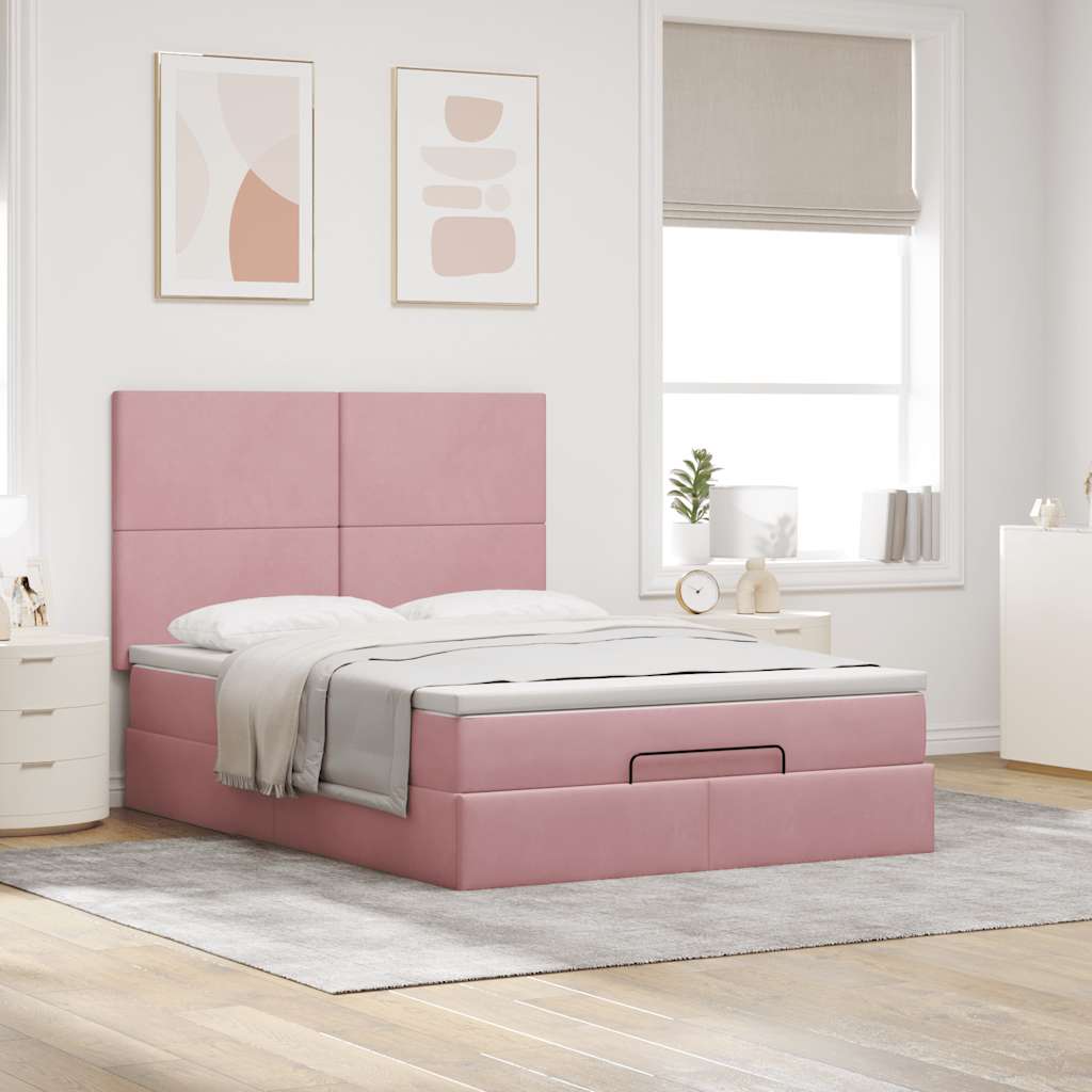 Cadre de lit ottoman avec matelas rose 140x190 cm velours