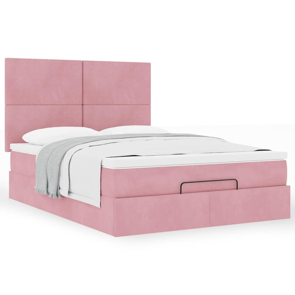 Cadre de lit ottoman avec matelas rose 140x190 cm velours