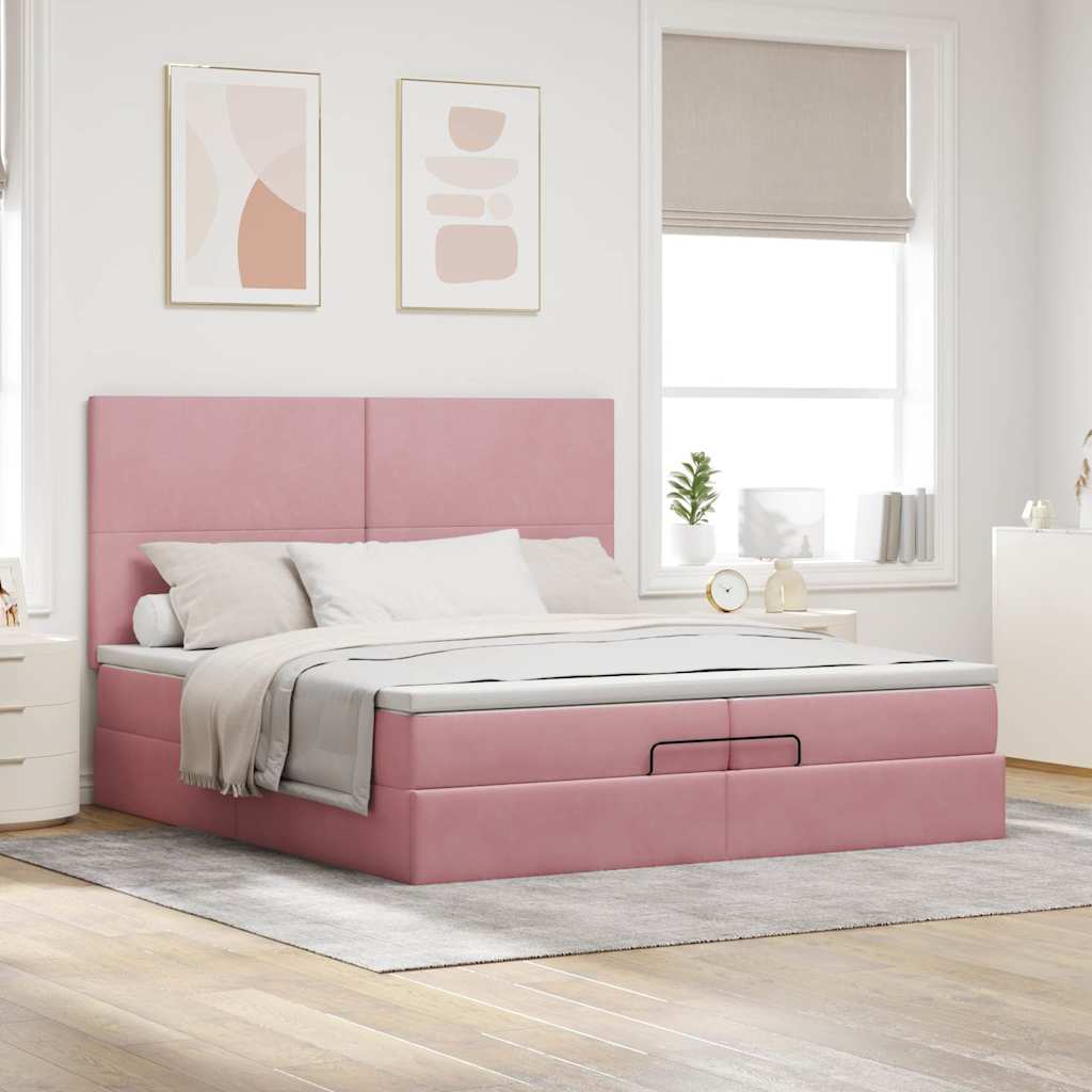 Cadre de lit ottoman avec matelas rose 200x200 cm velours