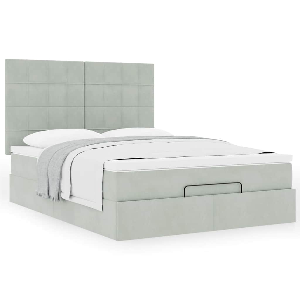 Cadre de lit ottoman et matelas gris clair 140x190 velours