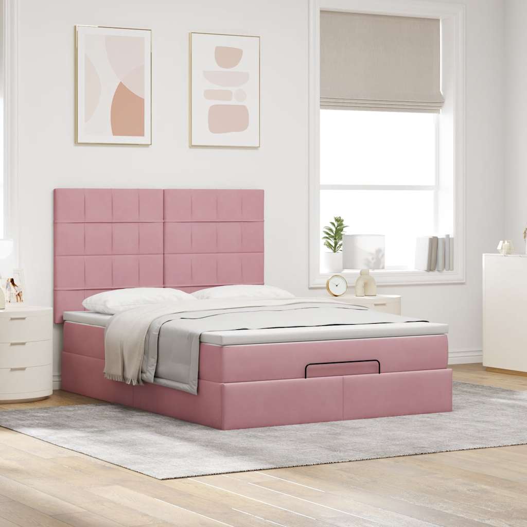 Cadre de lit ottoman avec matelas rose 140x190 cm velours