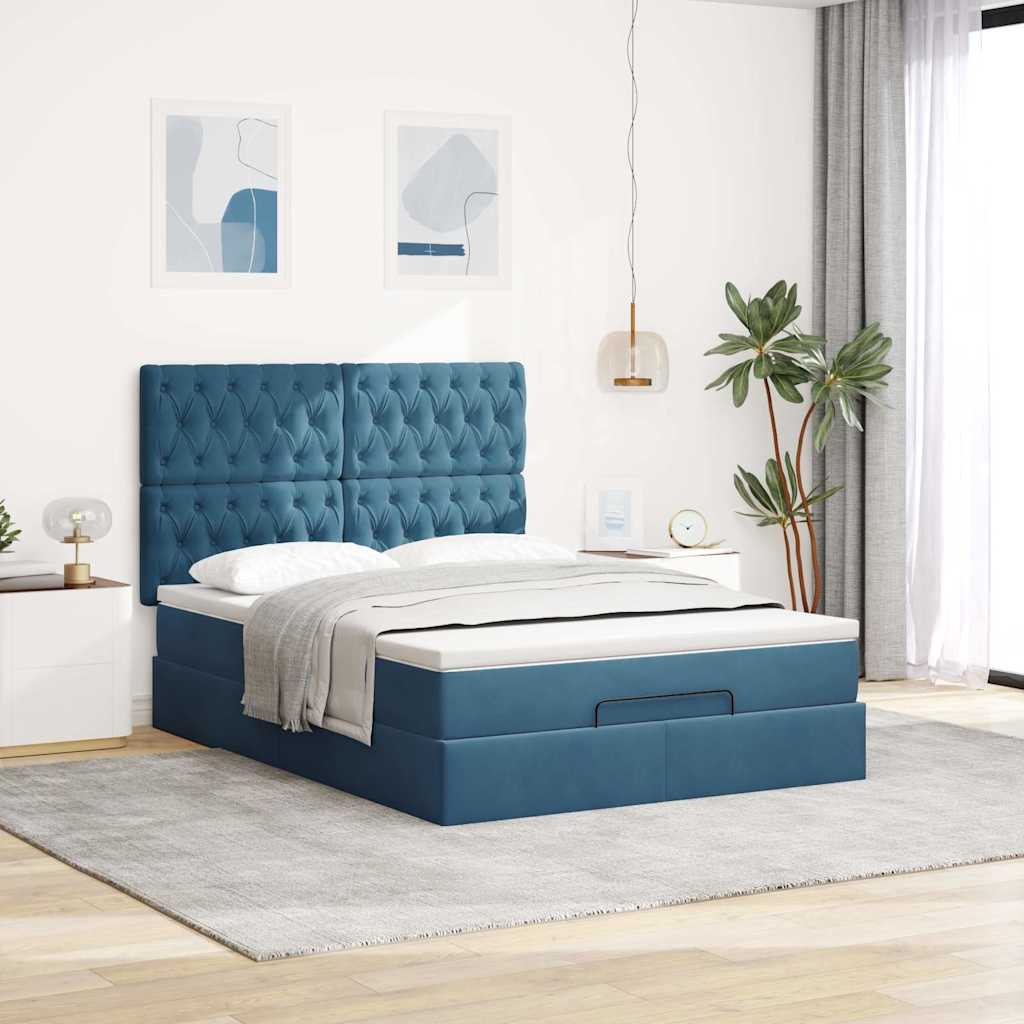 Cadre de lit ottoman avec matelas bleu foncé 140x190 cm velours