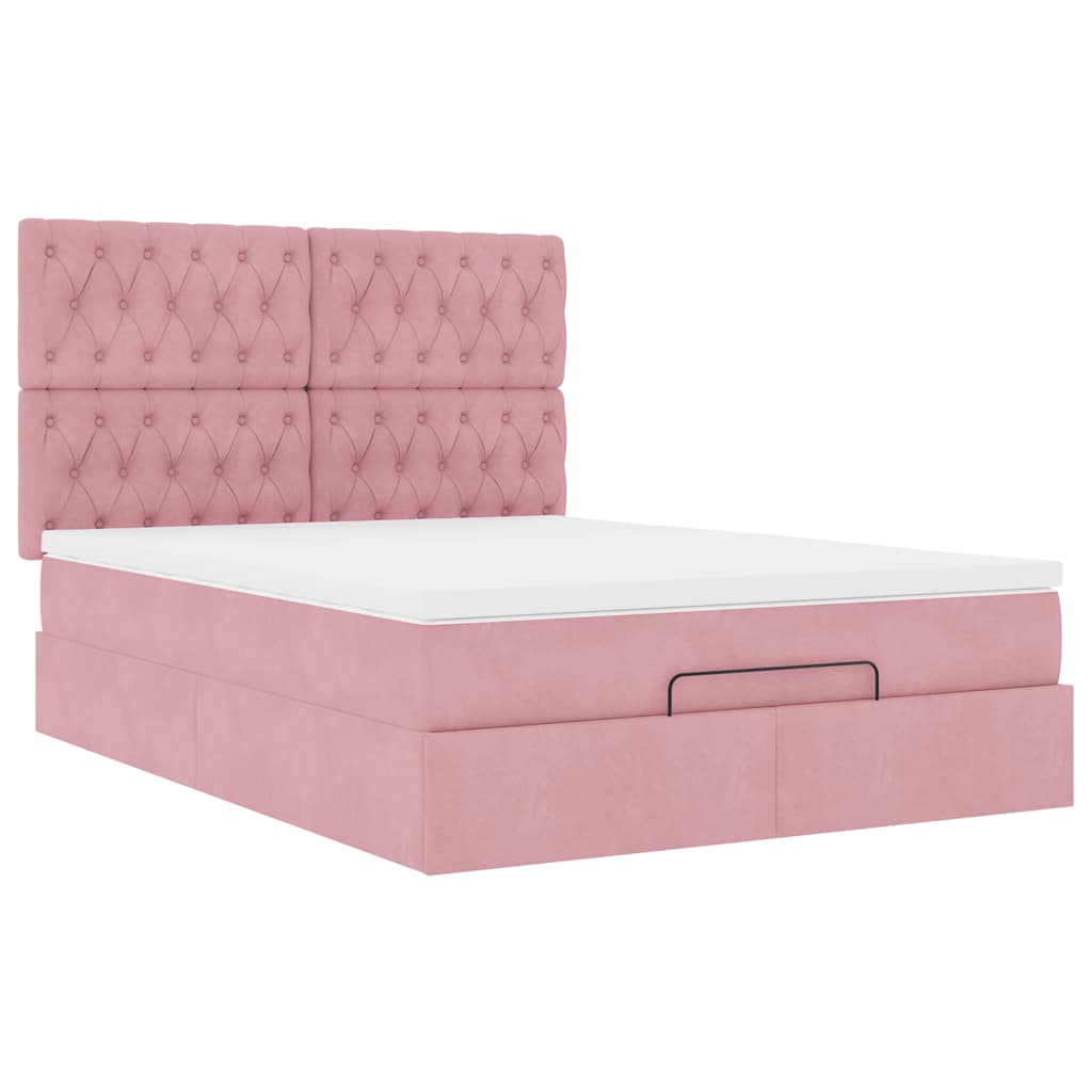 Cadre de lit ottoman avec matelas rose 140x200 cm velours