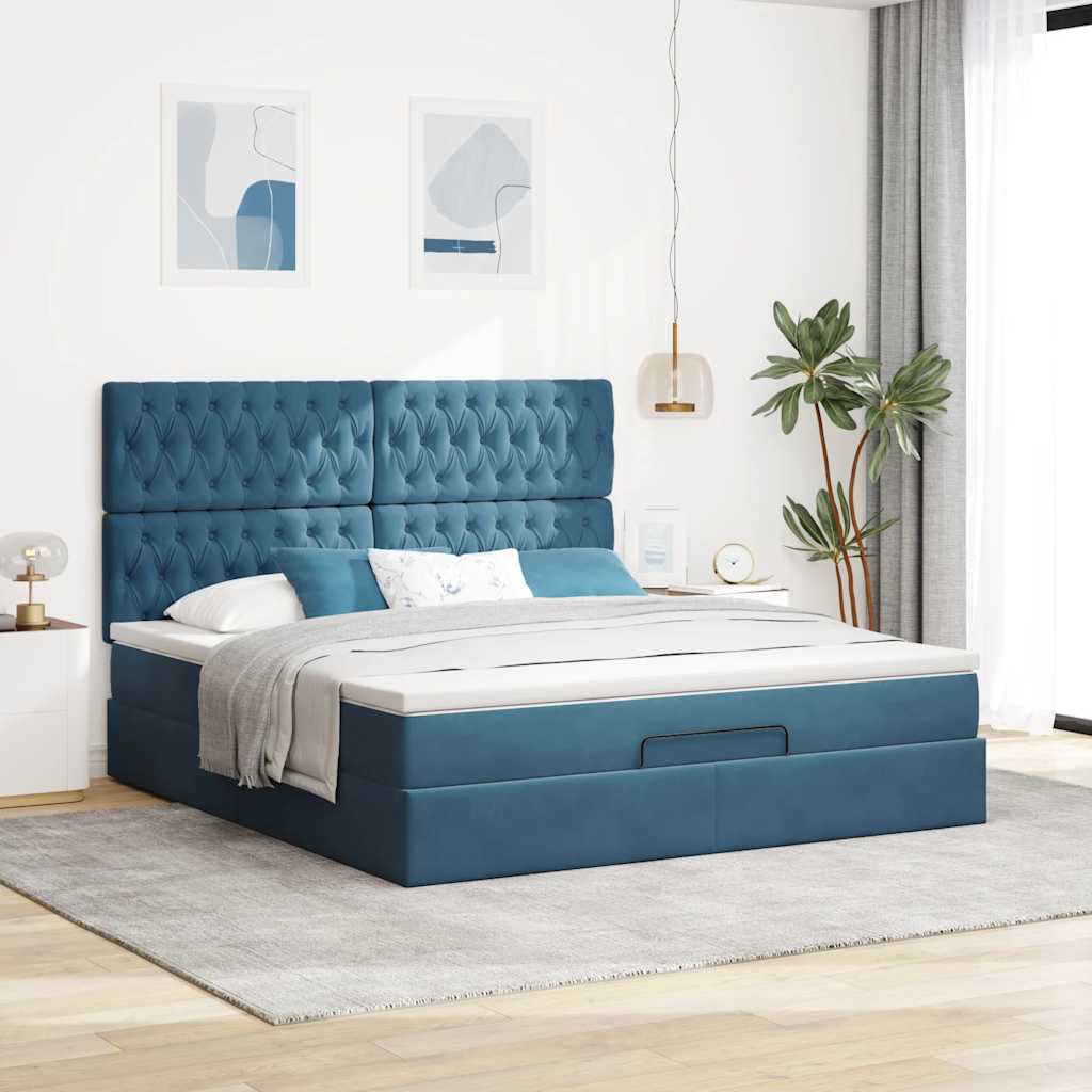 Cadre de lit ottoman avec matelas bleu foncé 160x200 cm velours