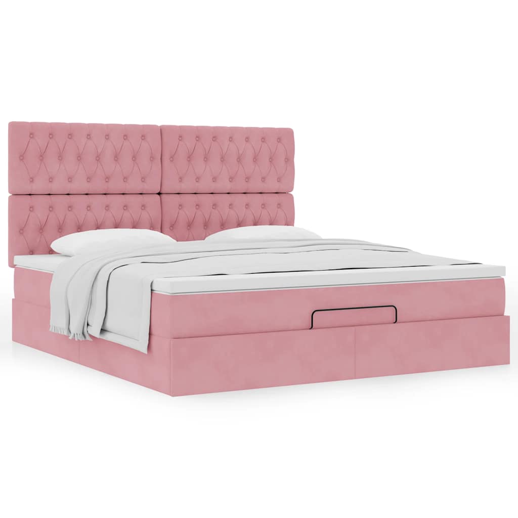 Cadre de lit ottoman avec matelas rose 160x200 cm velours