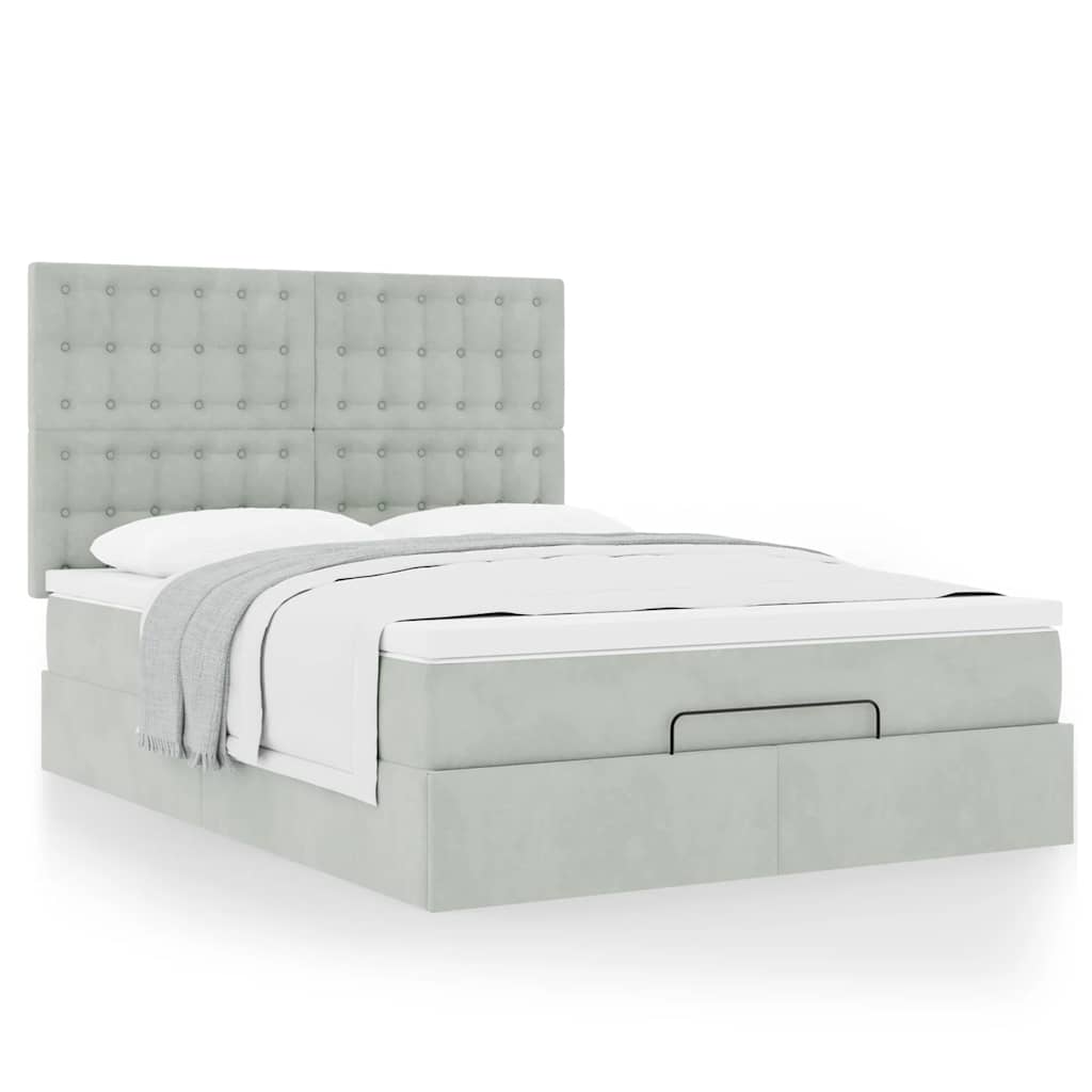 Cadre de lit ottoman et matelas gris clair 140x190 velours