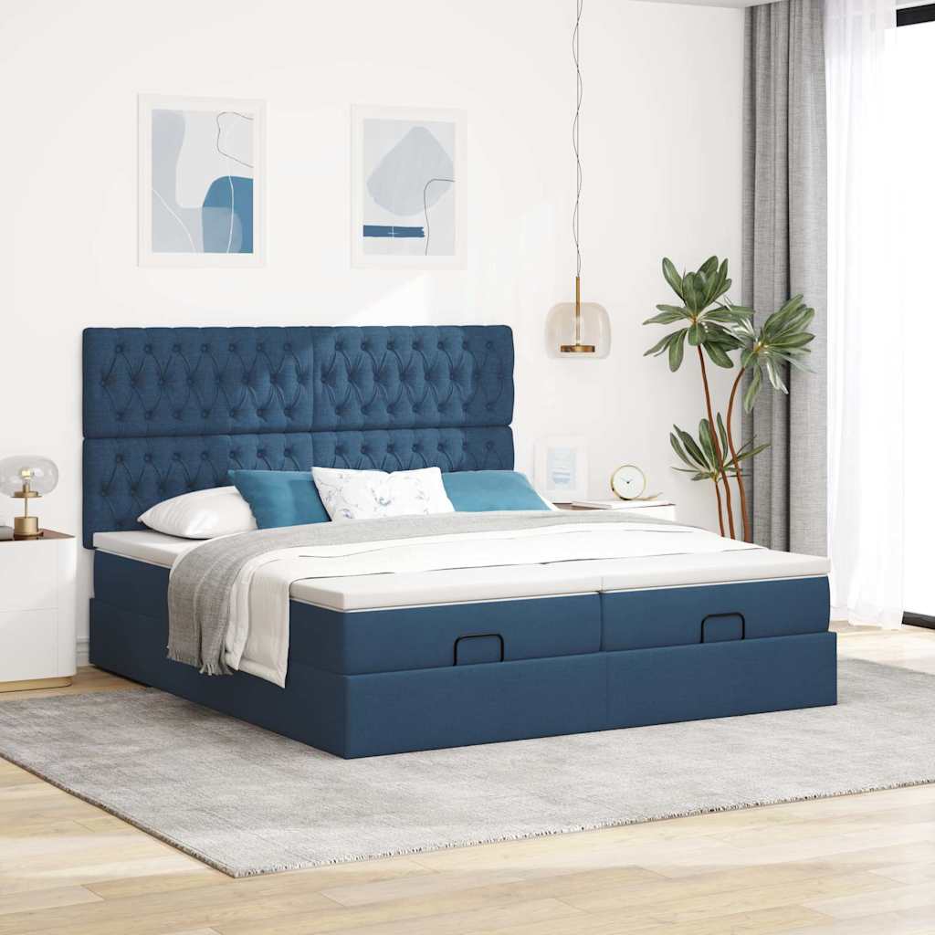 Cadre de lit ottoman avec matelas bleu 160x200 cm tissu