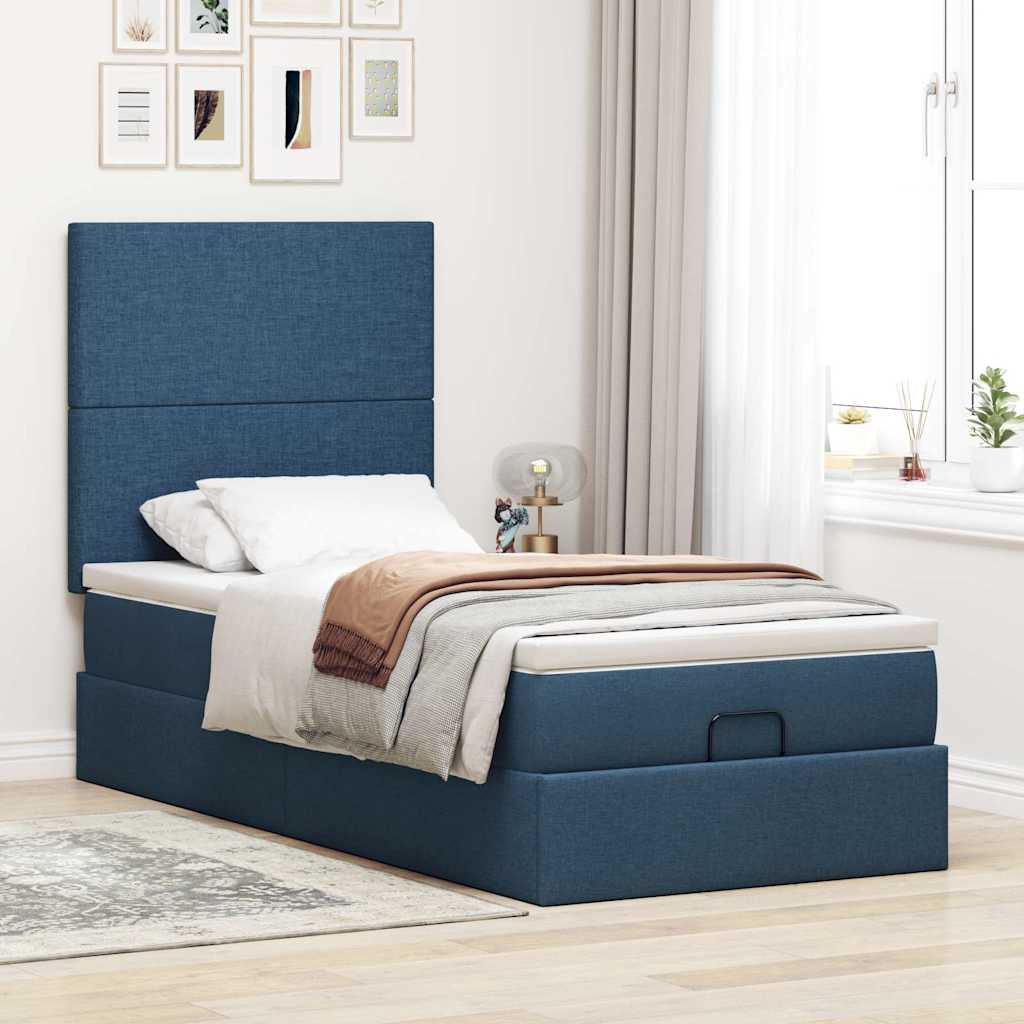 Cadre de lit ottoman avec matelas bleu 80x200 cm tissu