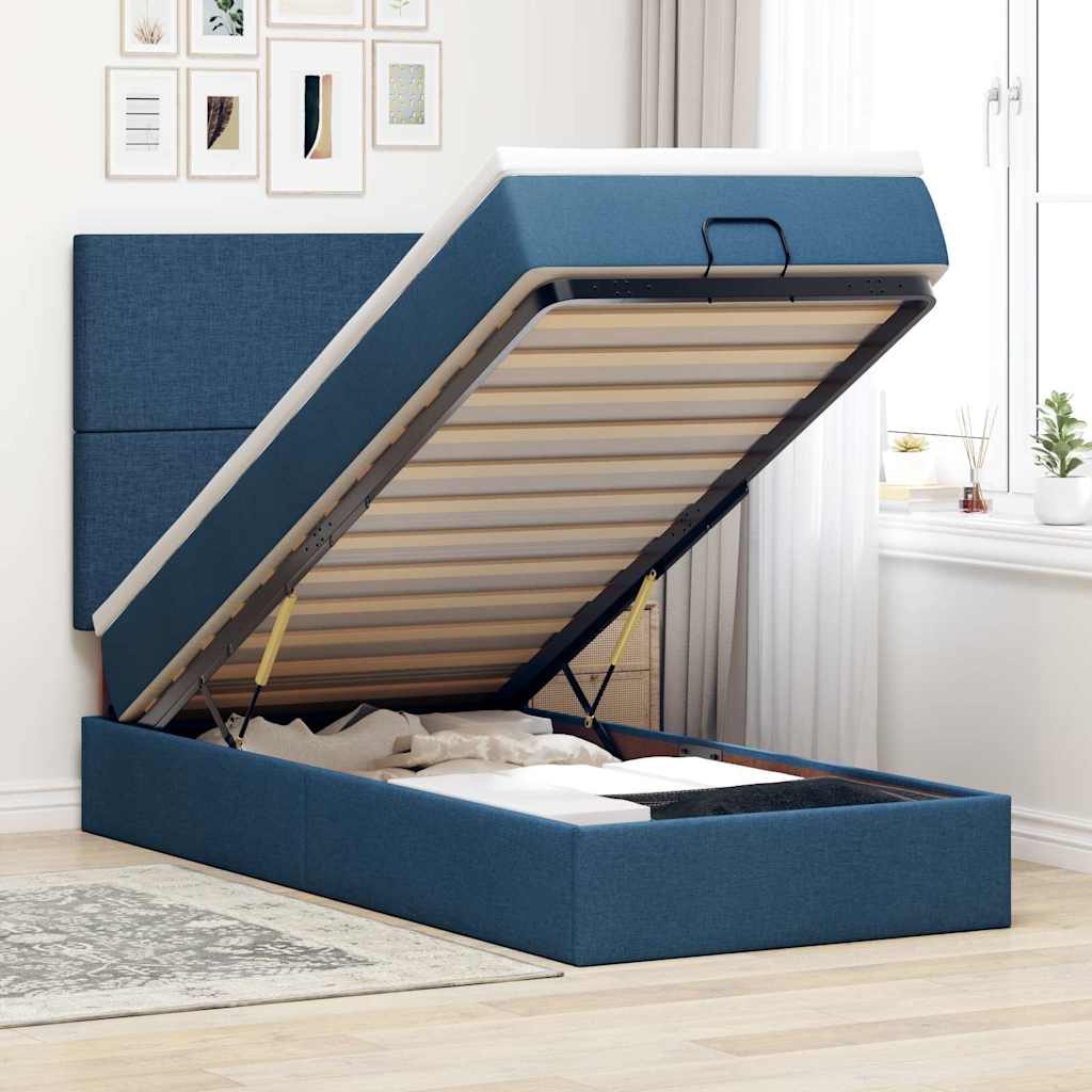 Cadre de lit ottoman avec matelas bleu 80x200 cm tissu