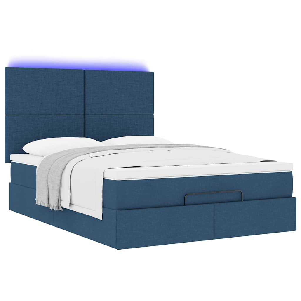 Cadre de lit ottoman avec matelas bleu 140x190 cm tissu