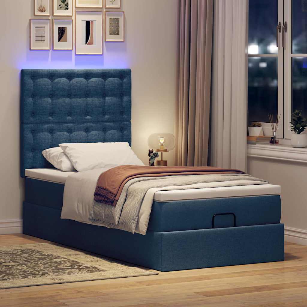 Cadre de lit ottoman avec matelas bleu 80x200 cm tissu