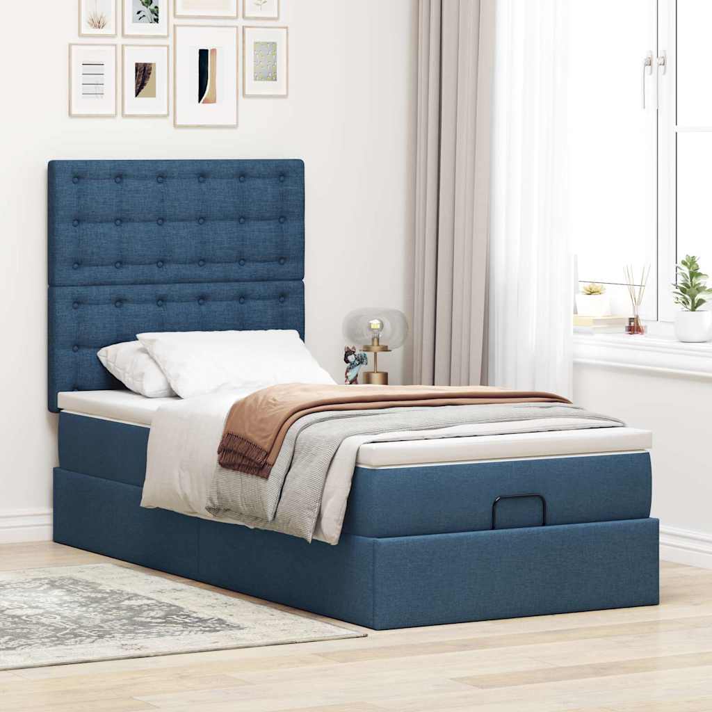 Cadre de lit ottoman avec matelas bleu 80x200 cm tissu