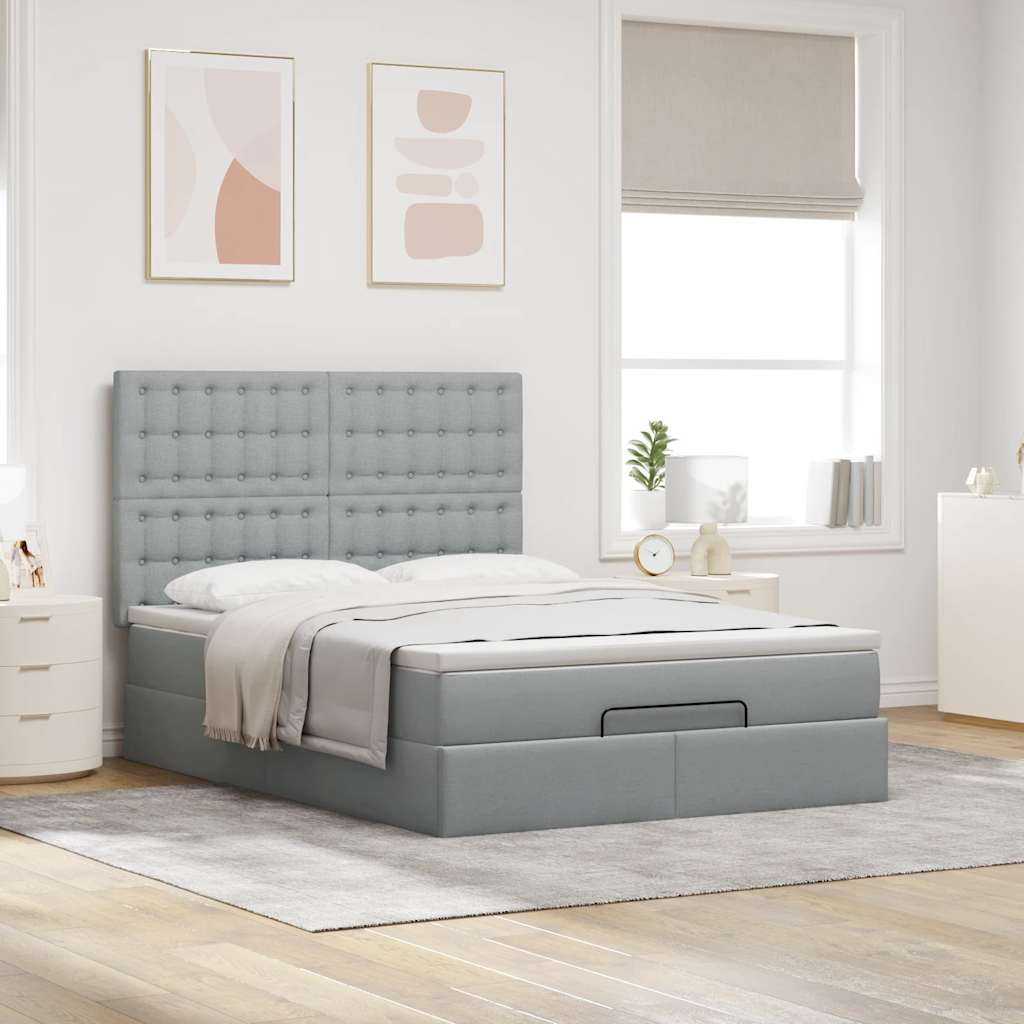 Cadre de lit ottoman et matelas gris clair 140x190 cm tissu