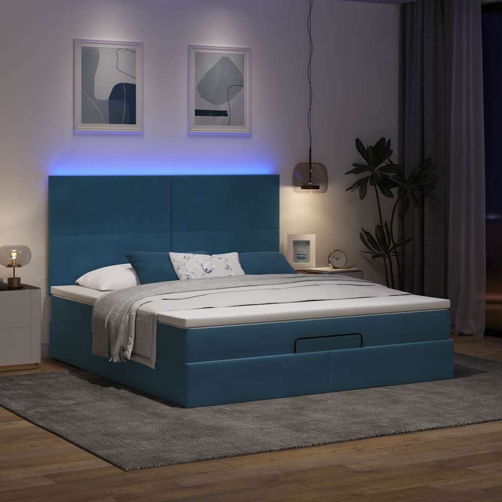 Cadre de lit ottoman avec matelas bleu foncé 160x200 cm velours