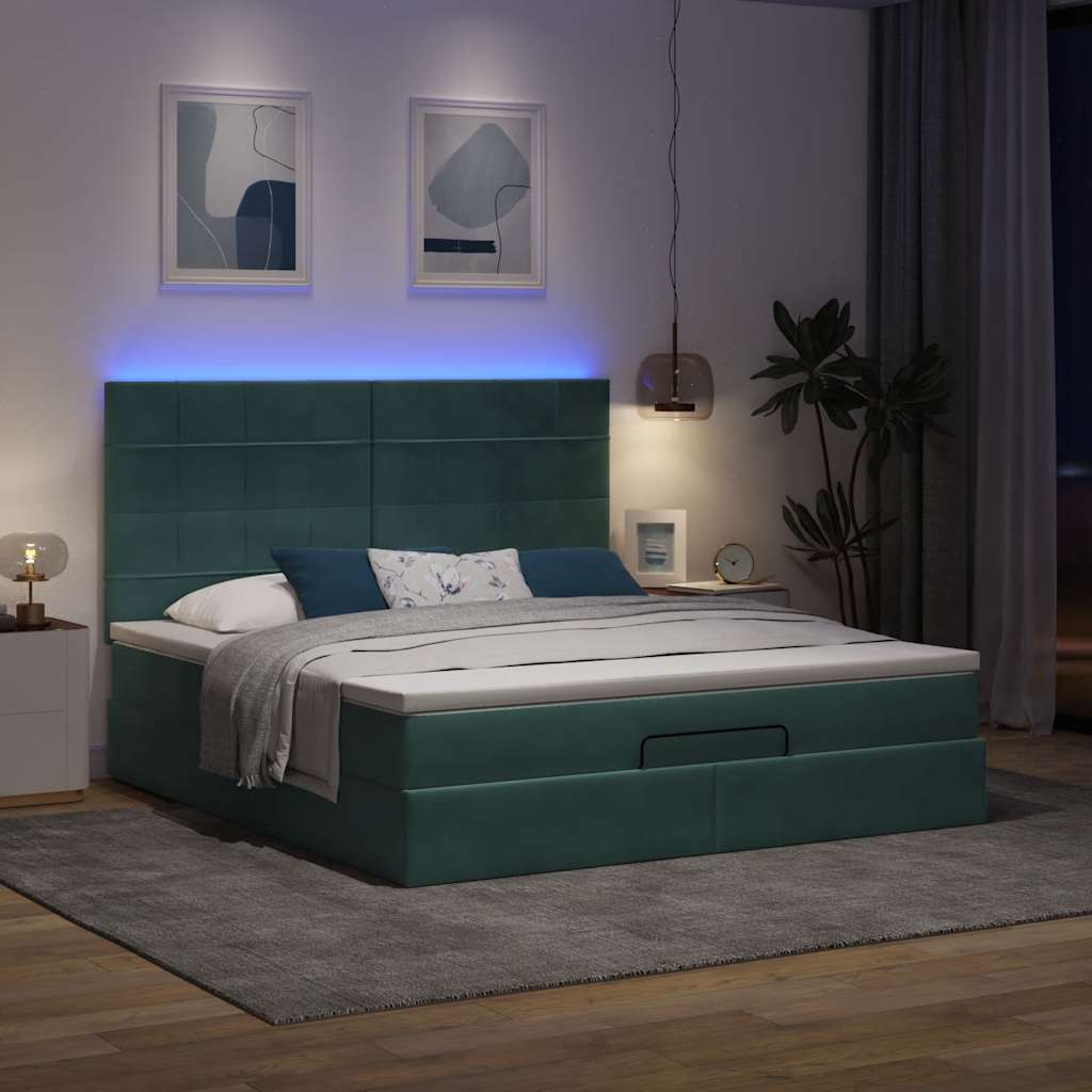 Cadre de lit ottoman avec matelas vert foncé 160x200 cm velours