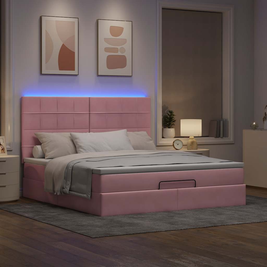 Cadre de lit ottoman avec matelas rose 160x200 cm velours