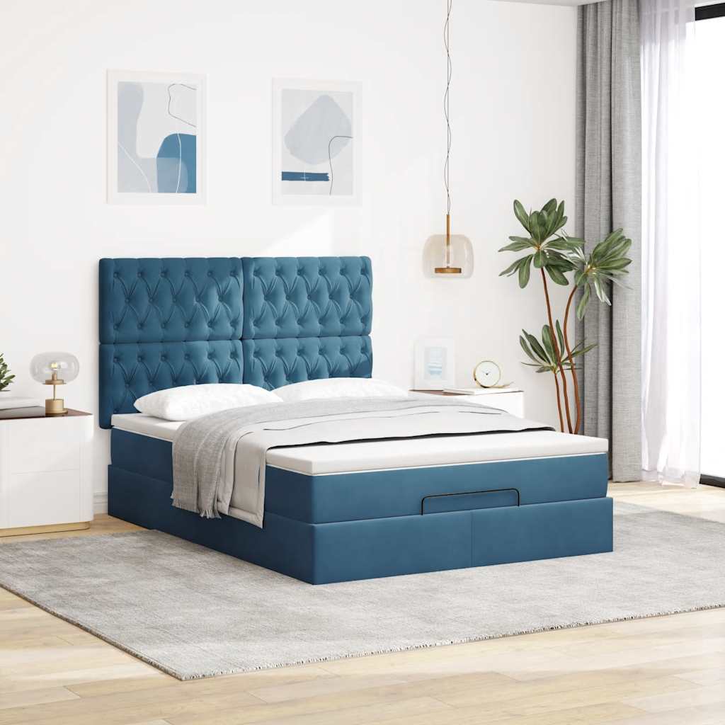 Cadre de lit ottoman avec matelas bleu foncé 140x190 cm velours