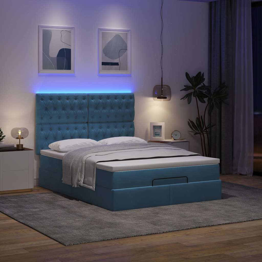 Cadre de lit ottoman avec matelas bleu foncé 140x200 cm velours