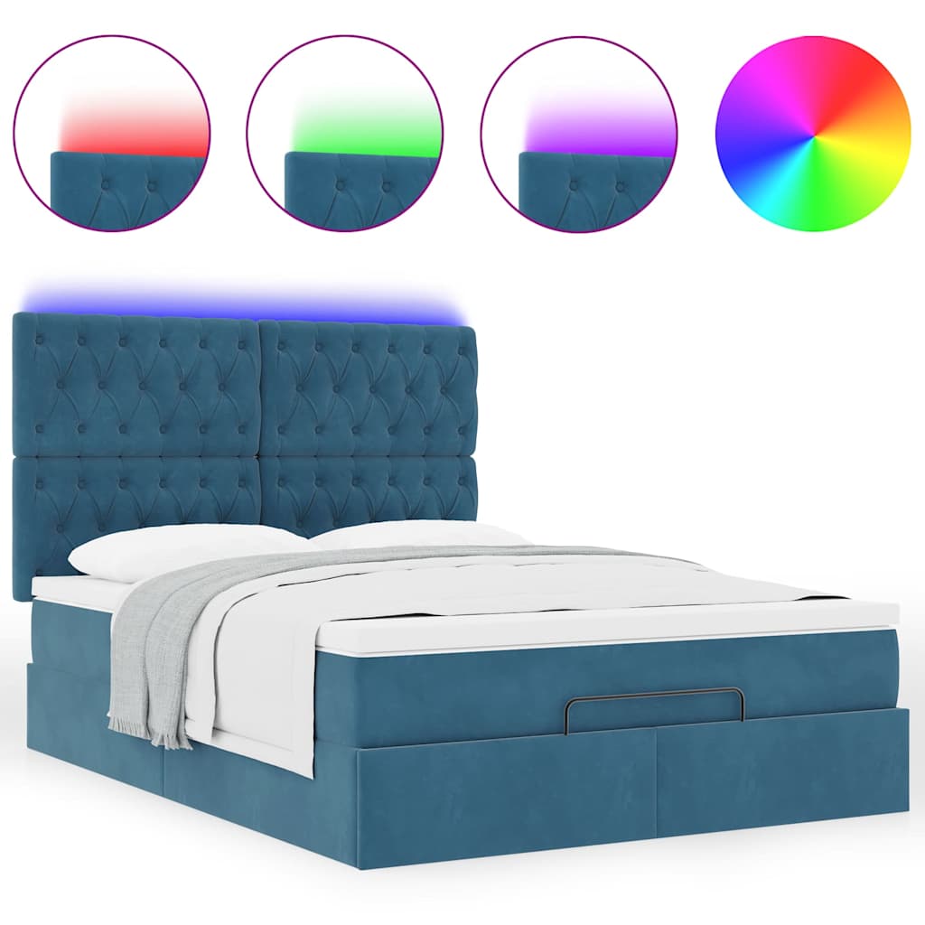 Cadre de lit ottoman avec matelas bleu foncé 140x200 cm velours