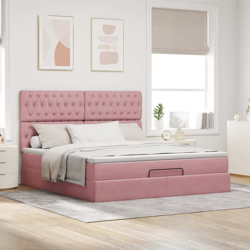 Cadre de lit ottoman avec matelas rose 160x200 cm velours