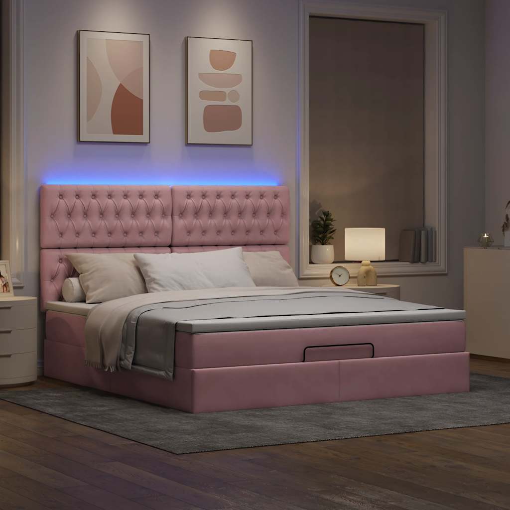 Cadre de lit ottoman avec matelas rose 160x200 cm velours