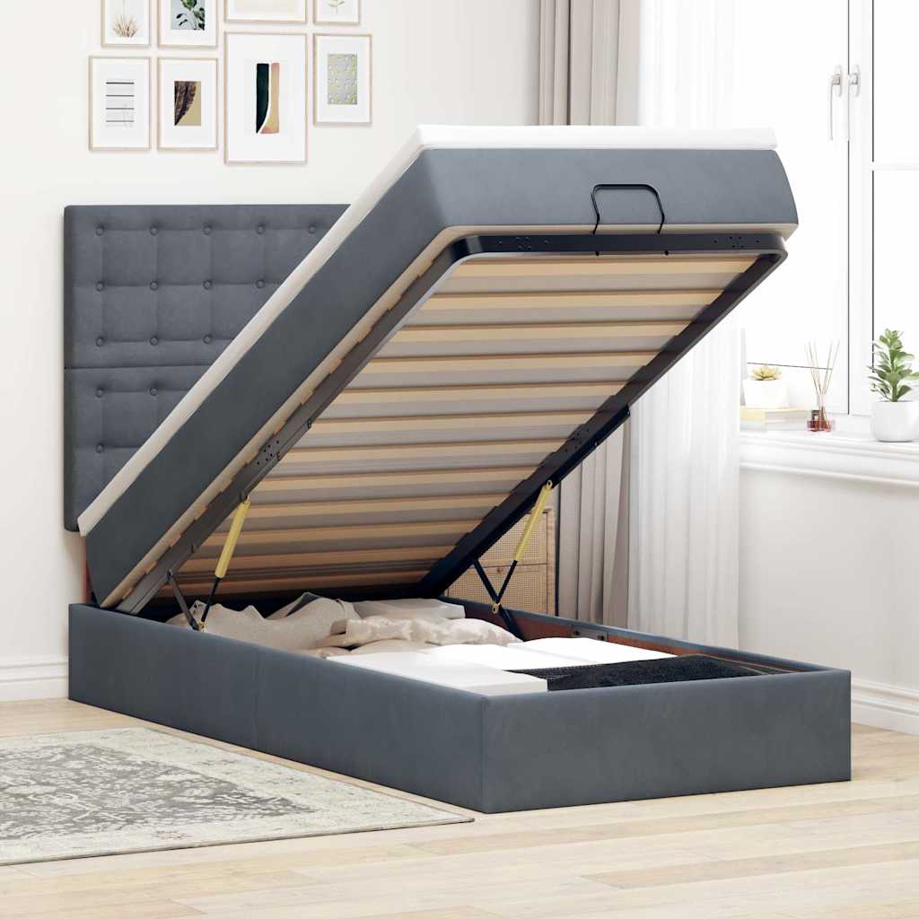 Ottoman bed frame with dark gray mattress 80x200 cm velvet