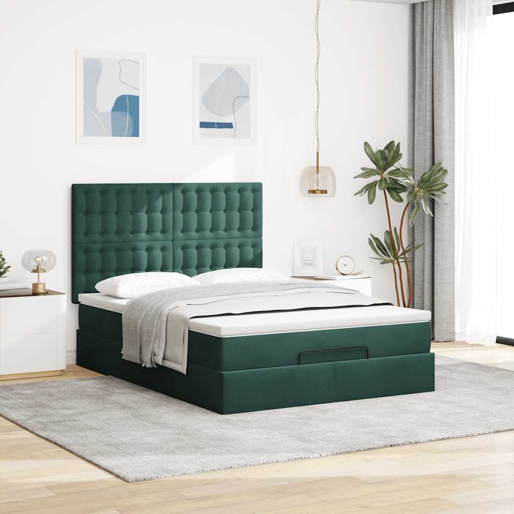 Cadre de lit ottoman avec matelas vert foncé 140x200 cm velours