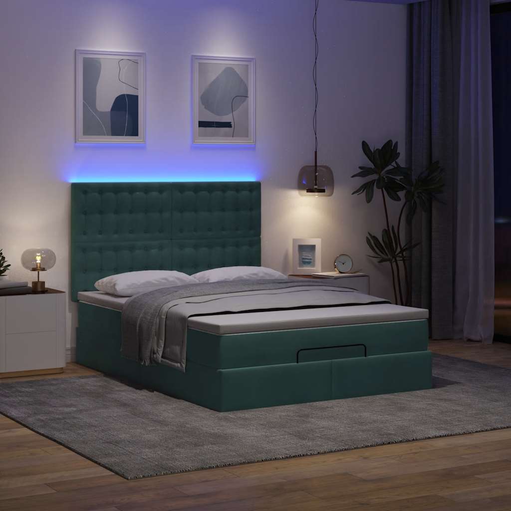 Cadre de lit ottoman avec matelas vert foncé 140x200 cm velours