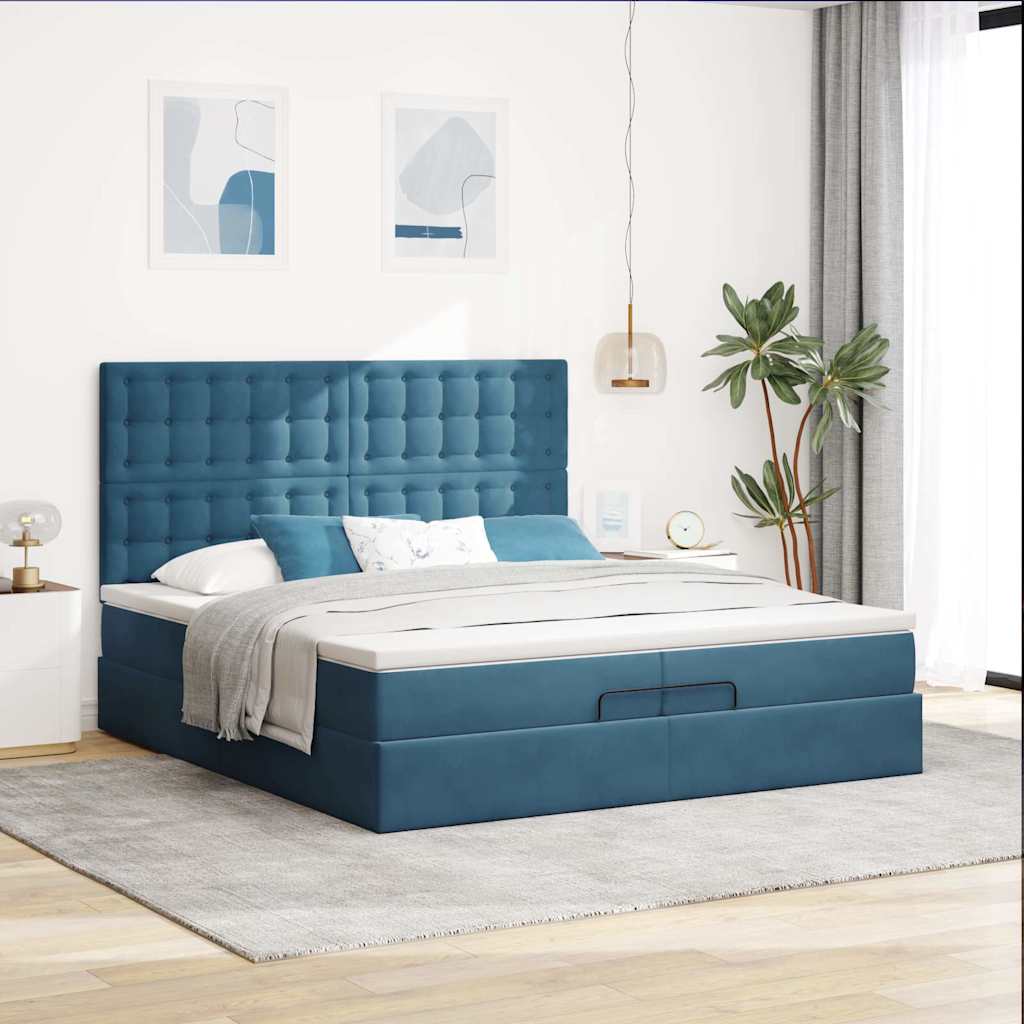 Cadre de lit ottoman avec matelas bleu foncé 200x200 cm velours