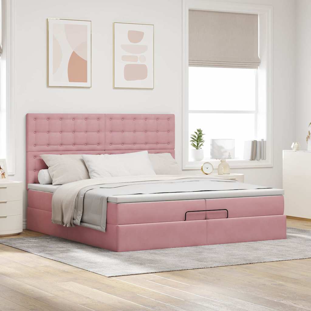 Cadre de lit ottoman avec matelas rose 200x200 cm velours