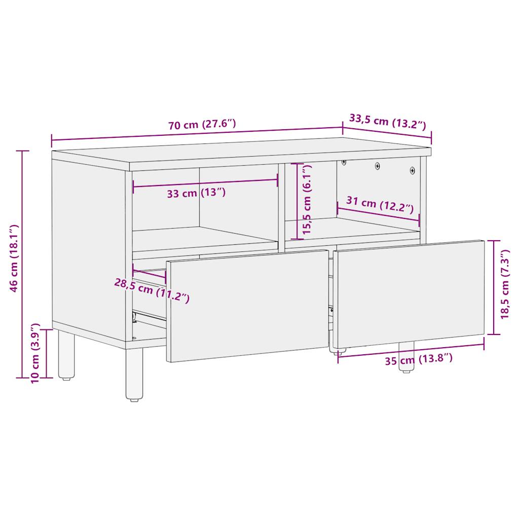 Meuble TV noir 70x33,5x46 cm bois massif manguier brut