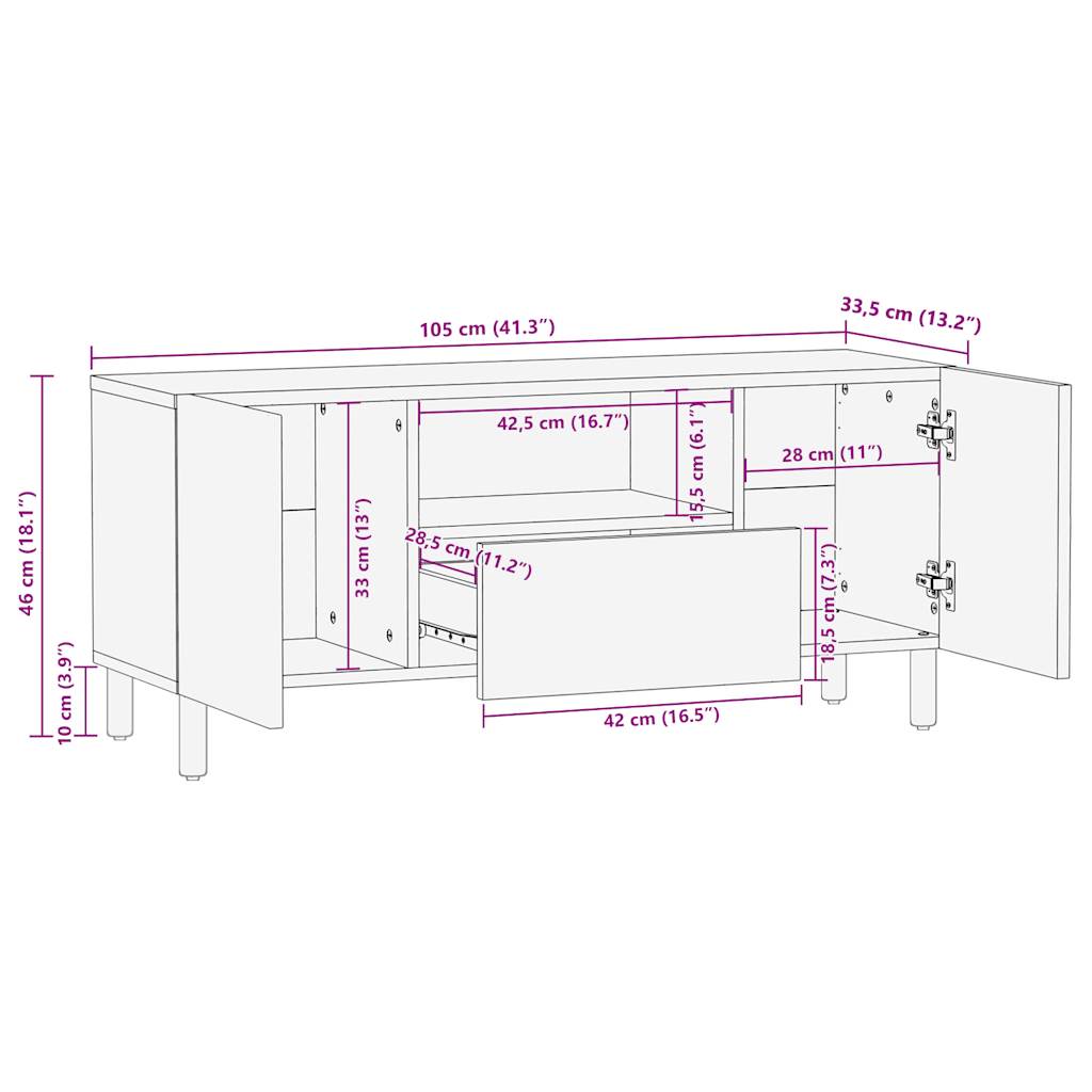 Meuble TV noir 105x33,5x46 cm bois massif manguier brut