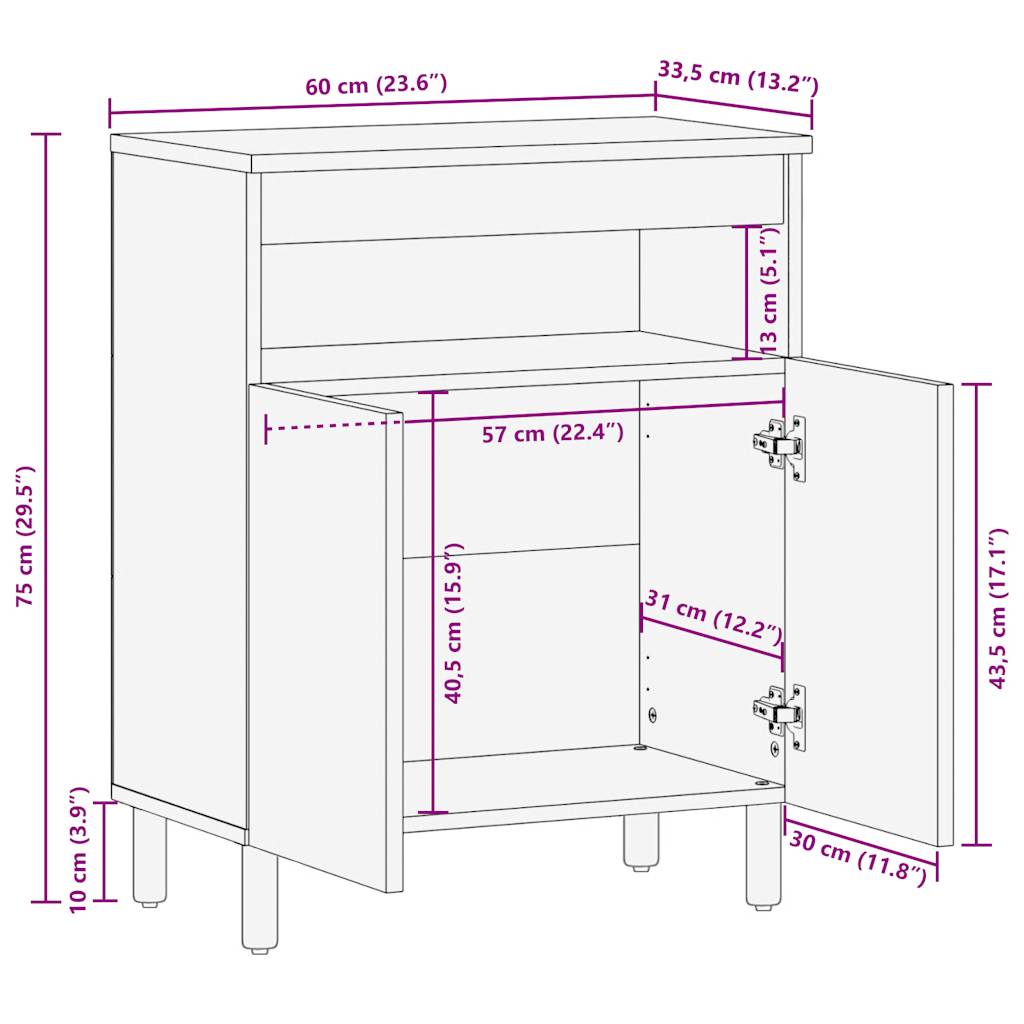 Buffet 60x33,5x75 cm bois de manguier brut massif