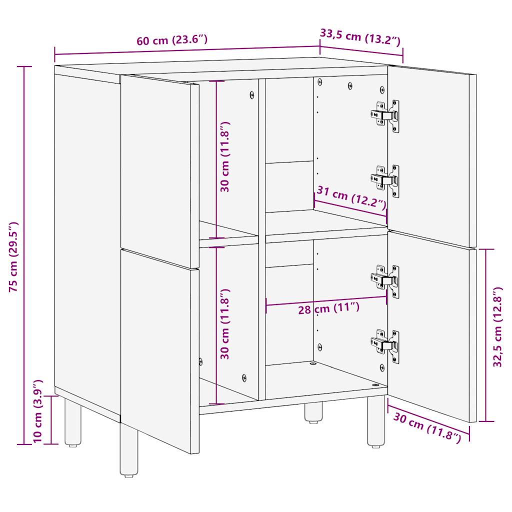 Sideboard 60x33,5x75 cm, massives rohes Mangoholz