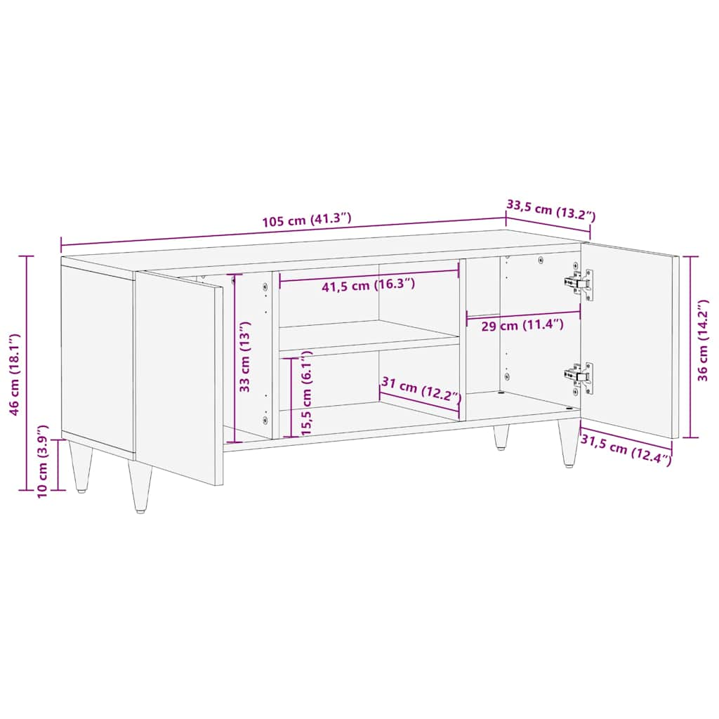 Meuble TV 105x33,5x46 cm bois massif de manguier