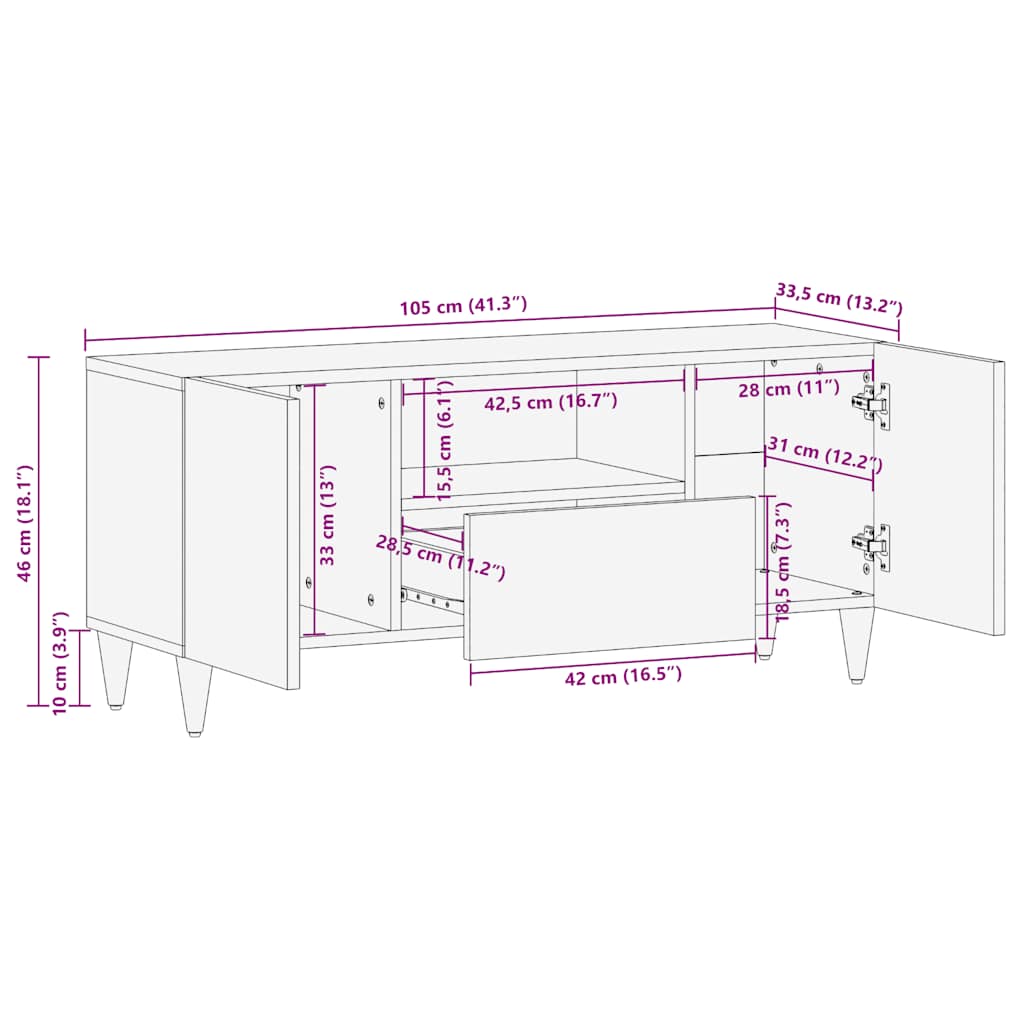 Meuble TV 105x33,5x46 cm bois massif de manguier