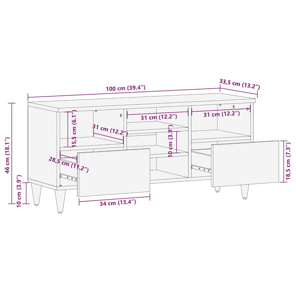 Meuble TV 100x33,5x46 cm bois massif de manguier