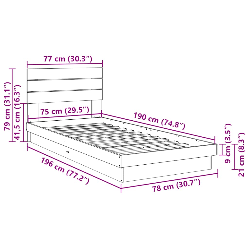 Cadre de lit avec tête de lit sans matelas 75 x 190 cm