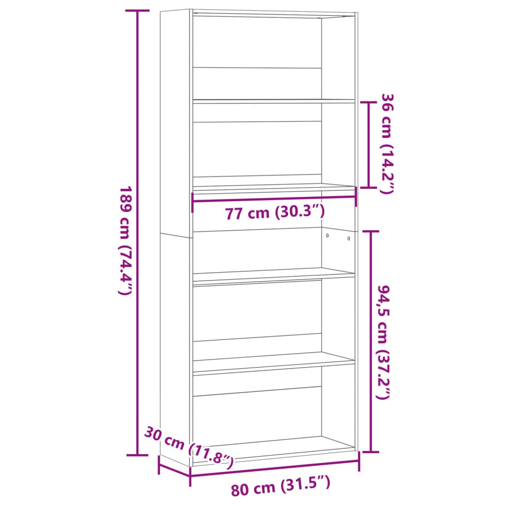 Bibliothèque chêne artisanal 80x30x189 cm bois d'ingénierie