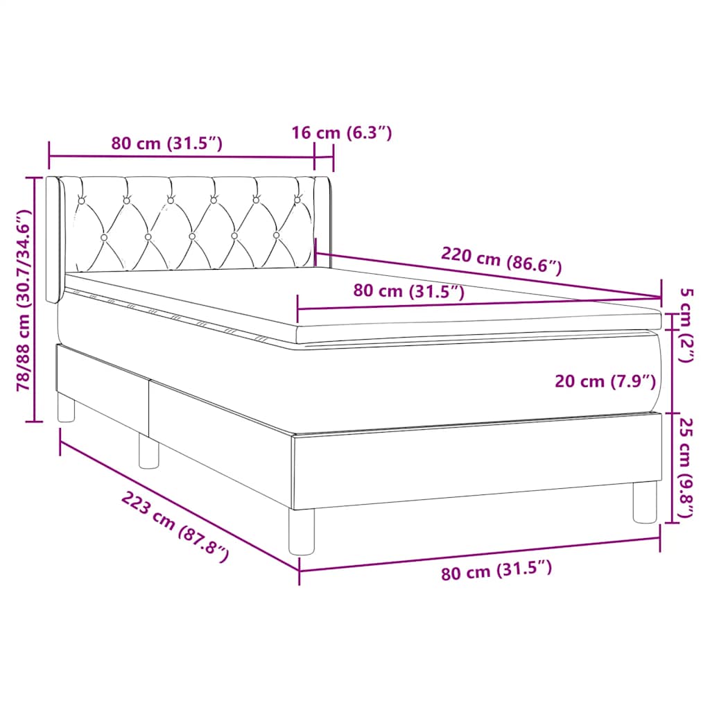 Sommier à lattes de lit avec matelas noir 80x210 cm velours