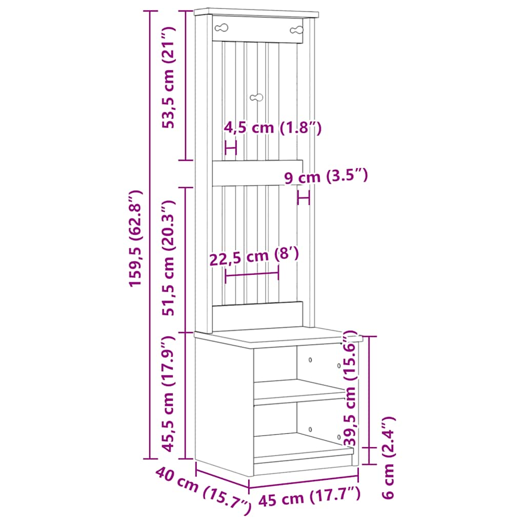 Portemanteau SANDENS 45x40x159,5 cm bois massif pin