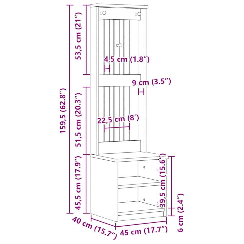 Portemanteau SANDENS blanc 45x40x159,5 cm bois massif pin