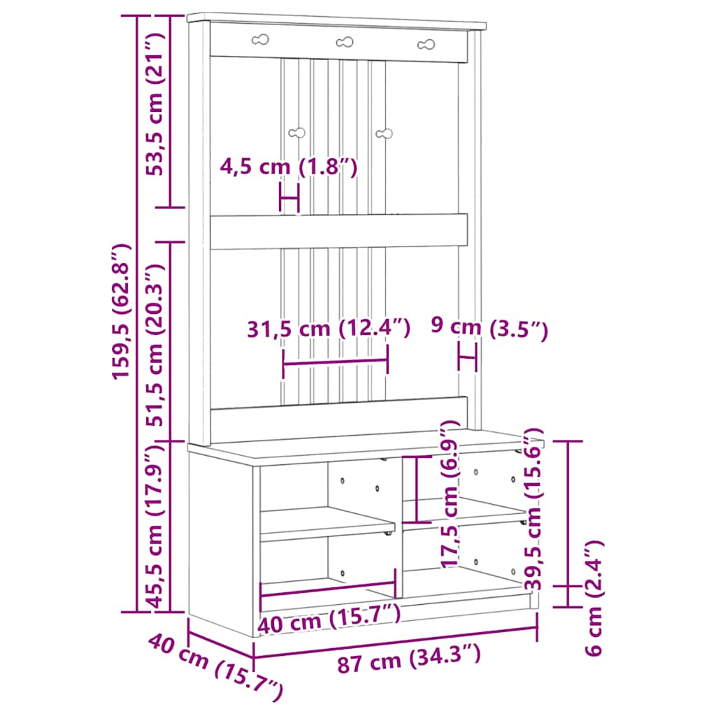 Portemanteau SANDENS 87x40x159,5 cm bois massif pin