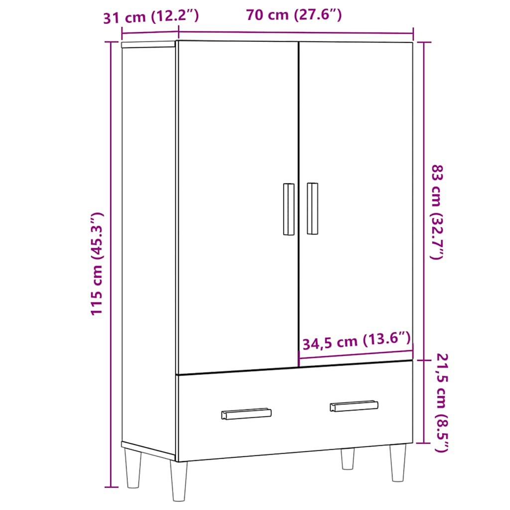 Buffet haut vieux bois 70x31x115 cm bois d'ingénierie