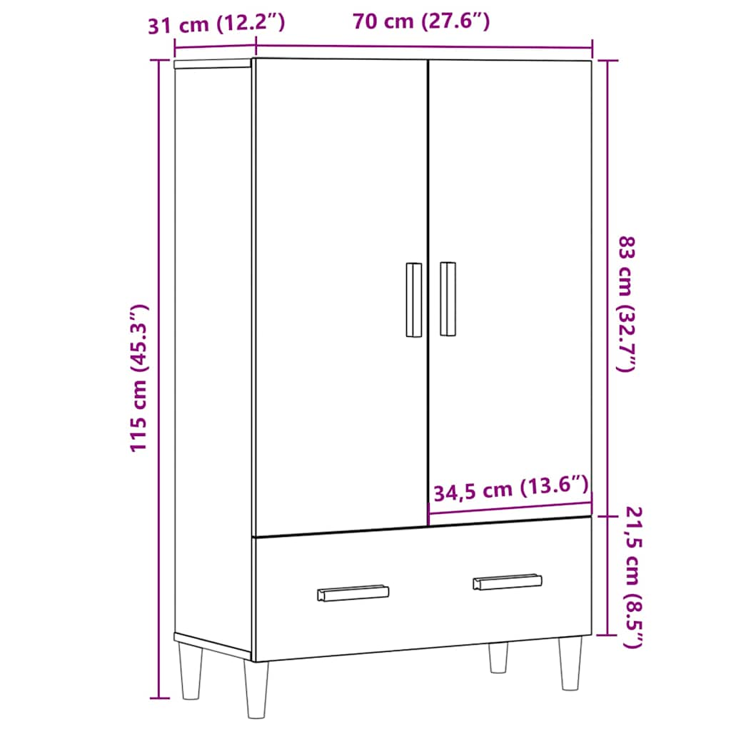 Buffet chêne artisanal 70x31x115 cm bois d'ingénierie