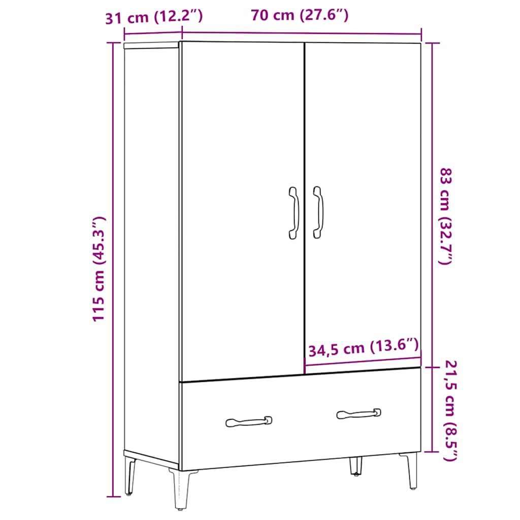 Buffet haut vieux bois 70x31x115 cm bois d'ingénierie