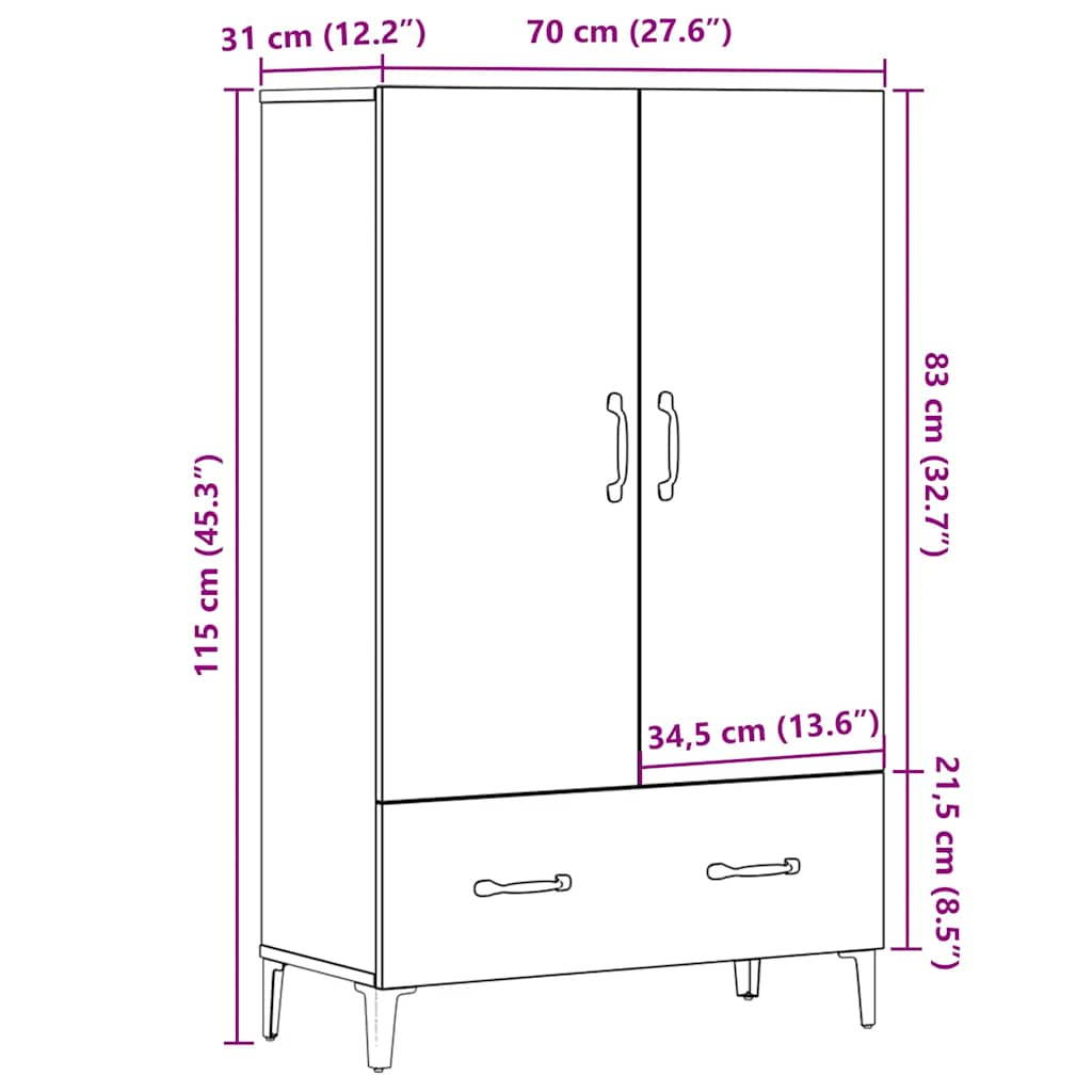 Buffet chêne artisanal 70x31x115 cm bois d'ingénierie