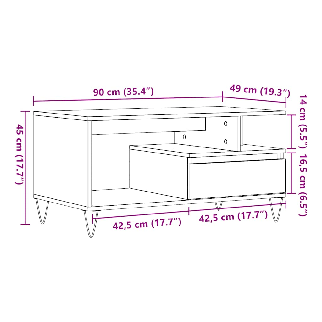 Table basse chêne artisanal 90x49x45 cm bois d'ingénierie